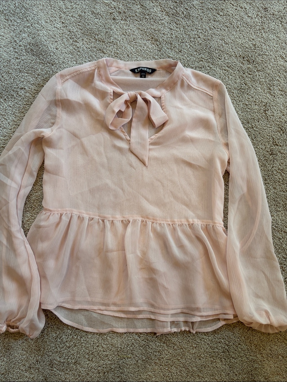 Express Women's Light Blush Tie-Neck Peplum Blouse